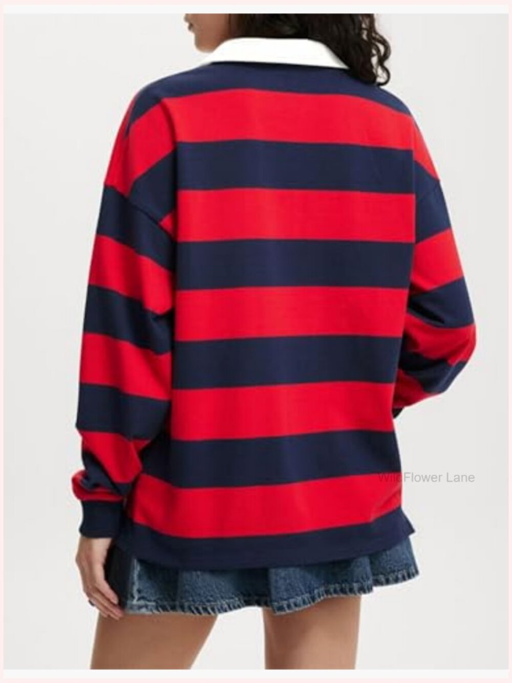 Oversized Striped Polo Shirt Long Sleeve Casual Rugby Sweatshirt Y2K Top - Picture 3 of 7